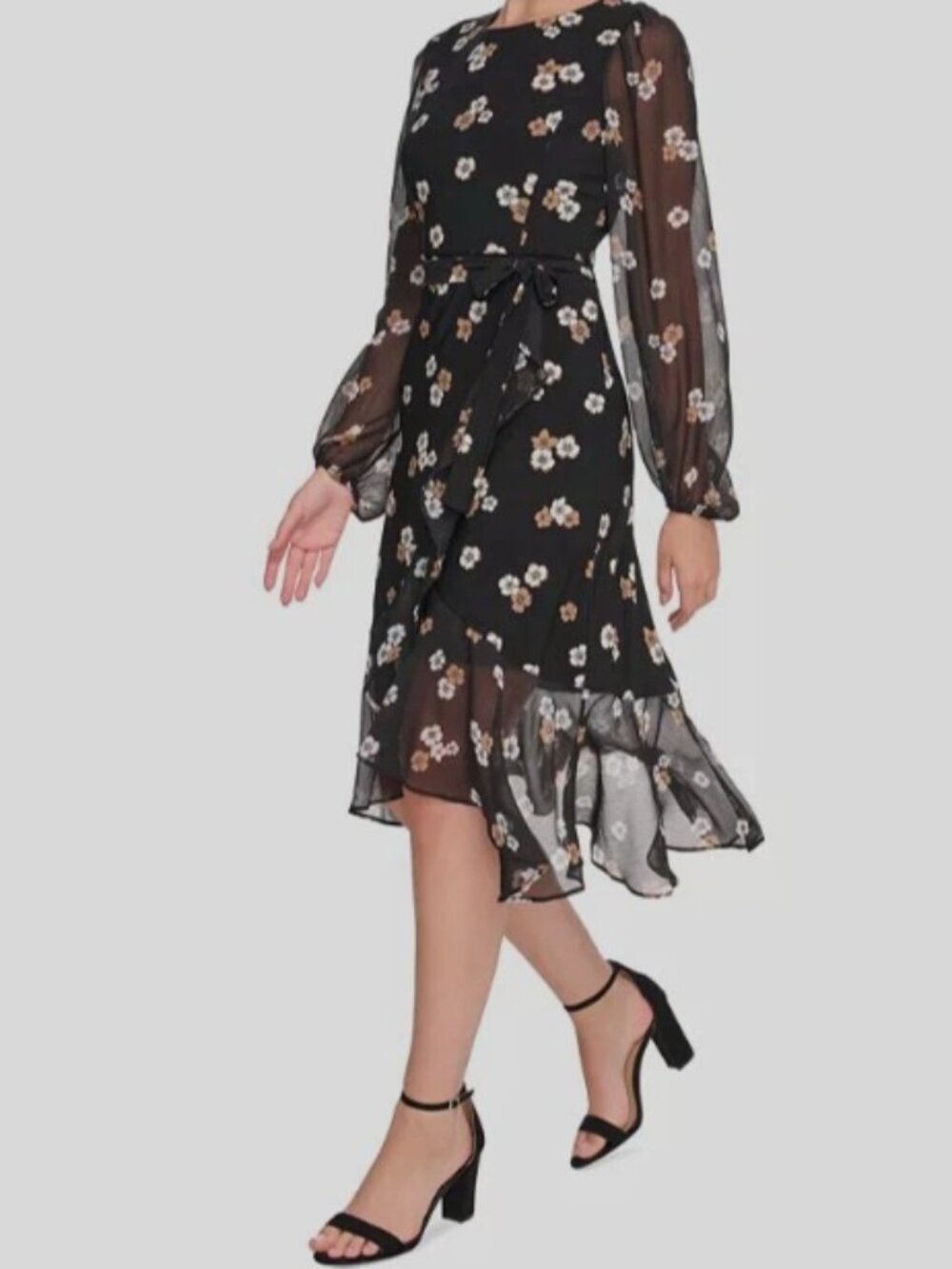 NWT Tommy Hilfiger Black Floral Chiffon Midi Dress